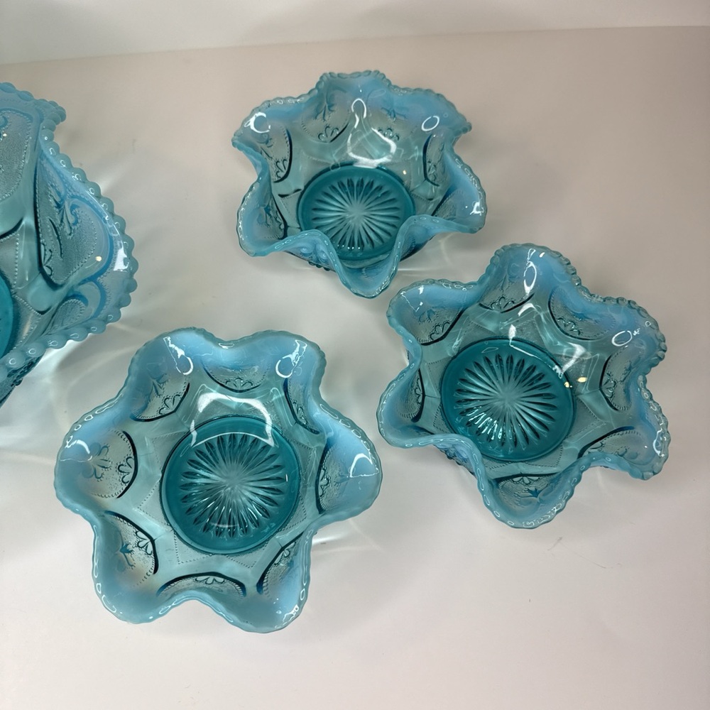 Northwood Jewel Heart Opalescent Ruffled Scalloped Blue Bowls - Picture 4 of 10